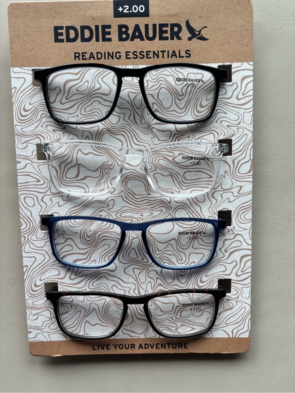 Eddie Bauer Square Four-Pack Reading Glasses in Black, Clear, Blue, Brown +2.00